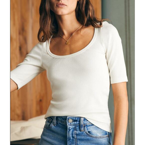 NWT Faherty Women's size XL White Freestyle Ribbed Knit Tee Scoop Neck Cotton - Picture 1 of 11